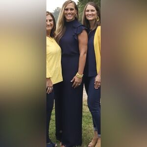 Express Women’s Navy Ruffle Shoulder Pant Jumpsuit